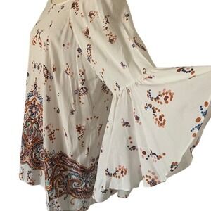 DR2 Boho Art Print Tunic L Bell Sleeve Rayon Blouse Flowy Festival Feminine EUC